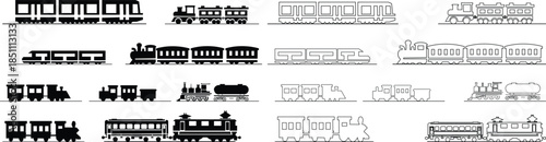 Black train icon set in flat and line style railway locomotive and freight transport silhouette collection featuring passenger and cargo rail graphic group, minimal monochrome vector illustration pack