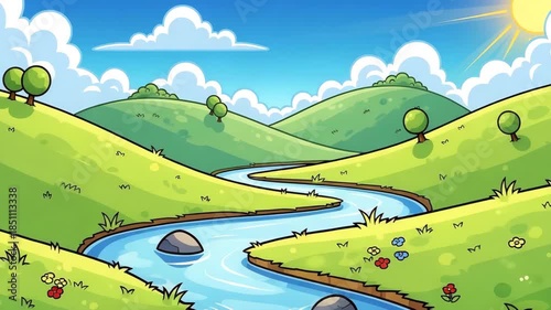 A cartoon landscape with a river running through green hills and flowers under a sunny blue sky with clouds