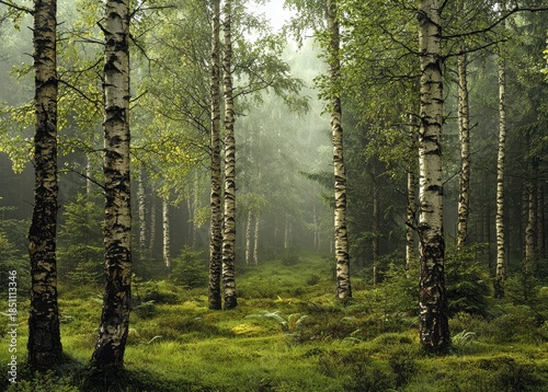 Tranquil Birch Forest with Mist and Lush Greenery in Morning Light