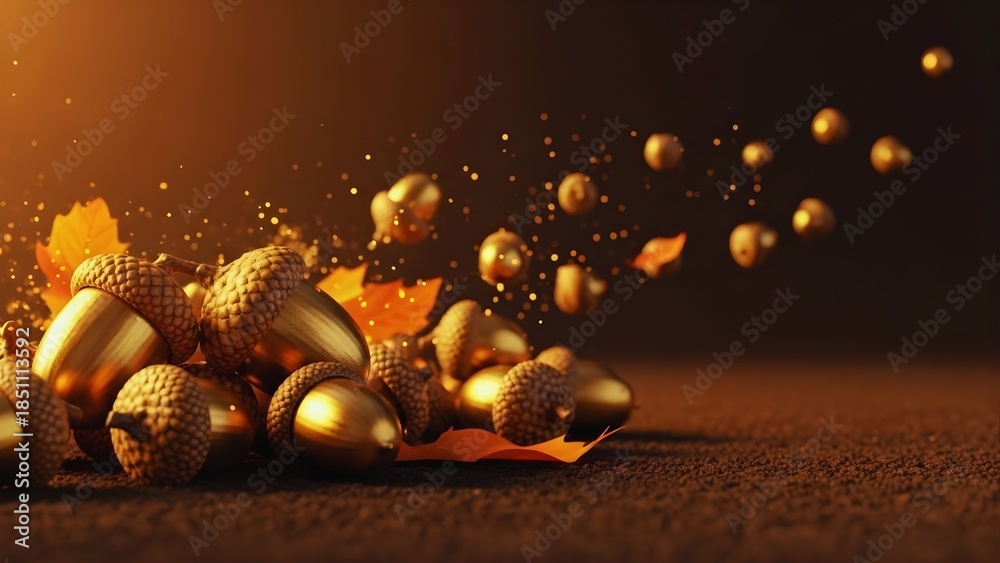 Obraz premium Golden acorns and autumn maple leaves with magical sparkling embers on a dark soil background; luxury fall harvest concept with warm cinematic lighting and bokeh.