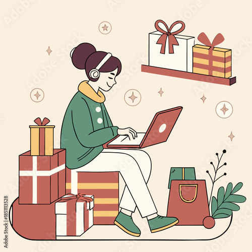 Online Shopping: A person is engrossed in online shopping, surrounded by gifts. The image speaks of ease and convenience in gift selection