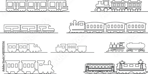 Black train icon set in line style railway locomotive and freight transport silhouette collection featuring passenger and cargo rail graphic group, minimal monochrome vector illustration pack