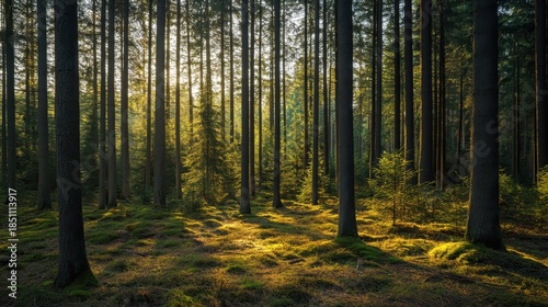 Serene Forest Landscape with Sunlight Filtering Through Trees
