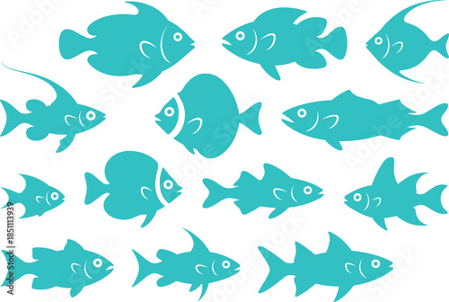 Fish silhouette icon set with various sea and freshwater species, black minimal vector illustration for marine and aquatic design