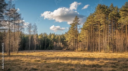 Tranquil Forest Landscape with Open Meadow and Blue Sky