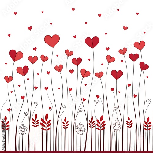 Whimsical Red Heart Flowers with Delicate Stems and Leaves