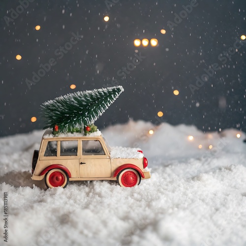 Vintage Toy Car with Christmas Tree in Snow image photo