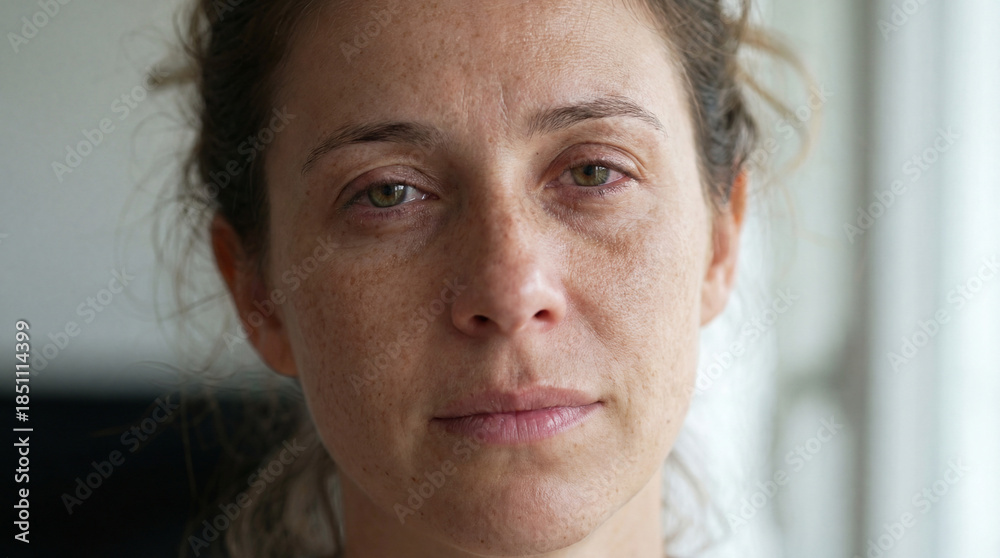 Fototapeta premium Woman with neutral expression gazing thoughtfully indoors near window, tear-stained eyes 