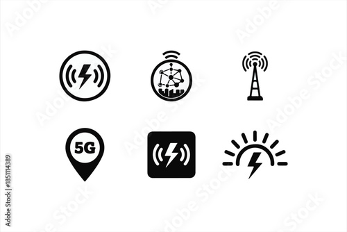 Black Minimalist 5G Technology and Energy Signal Icon Set