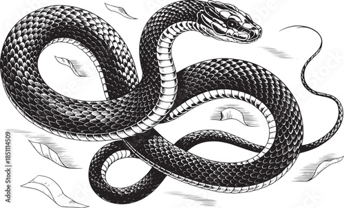 Bold Cobra Snake Illustration | Black Ink Line Art Hooded Serpent, Tattoo Style Monochrome Reptile Design