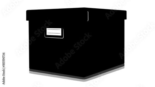 A simple black storage box with a white label on the side.