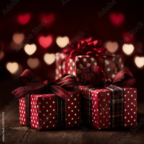 Stack of red gift boxes with bows against a heart-patterned background, creating a festive and romantic atmosphere.


