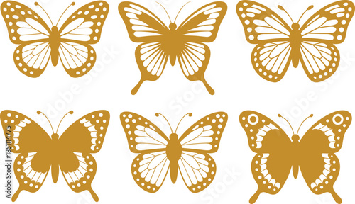 Golden butterfly silhouette set with decorative wings, elegant nature insect icons, minimalist vector illustration for design and decoration