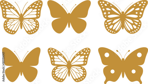 Golden butterfly silhouette set with decorative wings, elegant nature insect icons, minimalist vector illustration for design and decoration