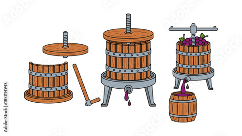 Traditional winemaking process pressing grapes to make juice