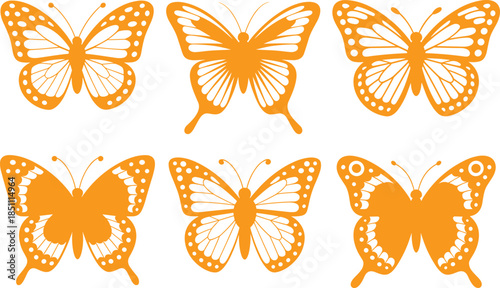 Golden butterfly silhouette set with decorative wings, elegant nature insect icons, minimalist vector illustration for design and decoration