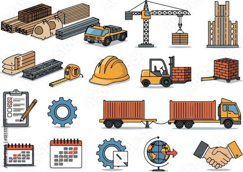 Construction and Logistics Icons A Comprehensive Vector Set for Building and Transport