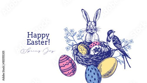 Happy Easter vintage hand drawn banner with bunny and eggs. Greeting card and invitation design. Retro sketch vector illustration