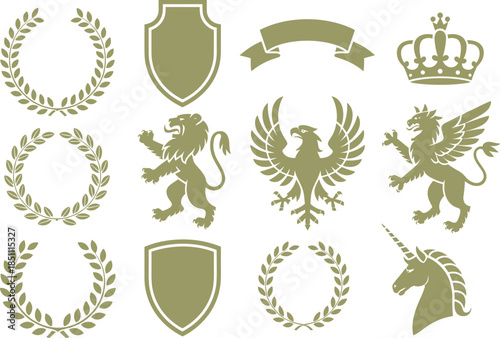 Heraldic symbols silhouette set, shields, lions, eagles, wreaths, crowns, medieval emblems collection, royal crest design elements