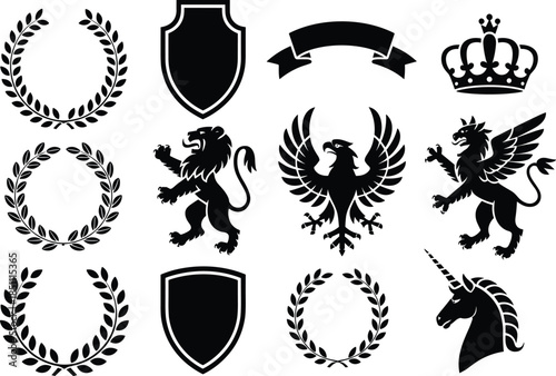 Heraldic symbols silhouette set, shields, lions, eagles, wreaths, crowns, medieval emblems collection, royal crest design elements