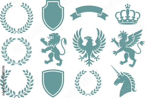 Heraldic symbols silhouette set, shields, lions, eagles, wreaths, crowns, medieval emblems collection, royal crest design elements