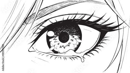 A close-up, black and white illustration of a detailed anime-style eye, capturing a moment of intense emotion with a single tear rolling down