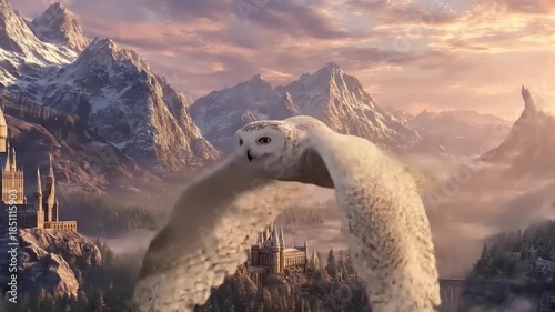 Snowy owl soaring over mountain peaks at sunset against dramatic sky
