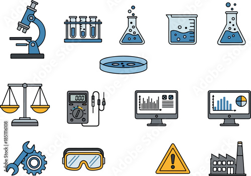 Science Equipment Set Illustration Microscope, Beaker, Monitor, Tools, and More