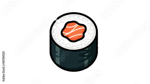 Close up of sushi roll with salmon and rice on dark textured background