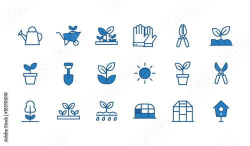 Gardening tools and plant line icon set