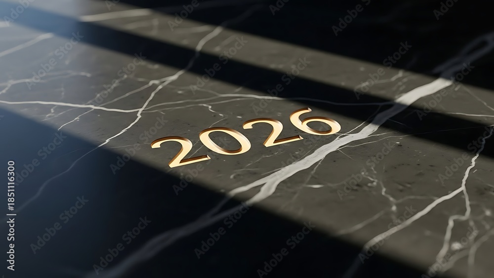 Fototapeta premium Golden 2026 on dark marble surface with shadows