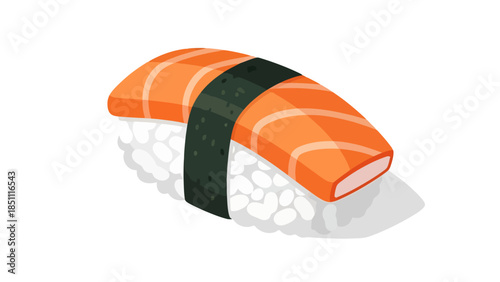 Fresh Salmon Sushi Roll with Rice and Nori on White Background