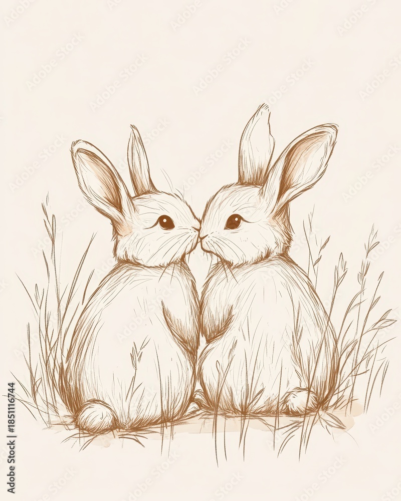 Fototapeta premium Rabbits sit together in grass during a sunny afternoon in springtime