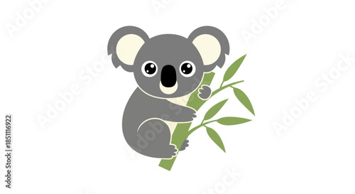 Photography Cartoon koala bear with green bamboo branch isolated on white background