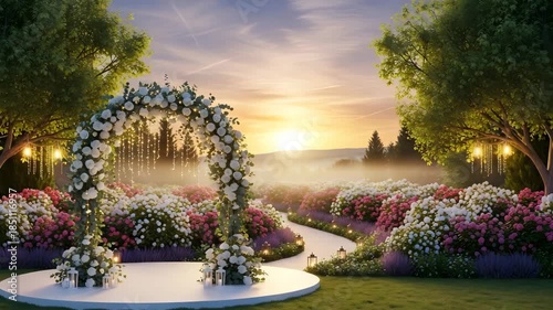 A serene garden wedding scene with a floral arch on a white platform surrounded by vibrant flowers and trees at sunset