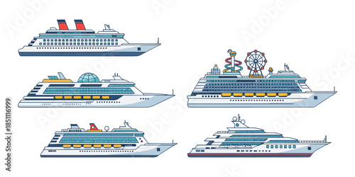 Cruise ships and luxury yachts collection displaying travel concepts
