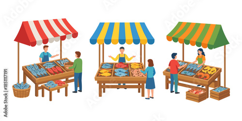 People buying fresh fish at outdoor market stalls