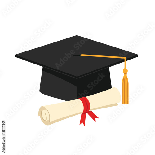 A black graduation cap with a gold tassel and diploma tied with a red ribbon