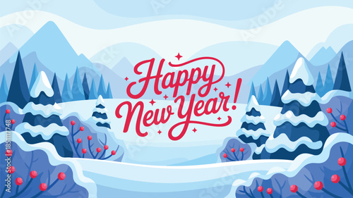 A beautifully illustrated winter landscape with snow covered fir trees and a Happy New Year message