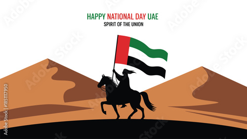 A powerful silhouette of a horse rider holding the United Arab Emirates flag against desert dunes