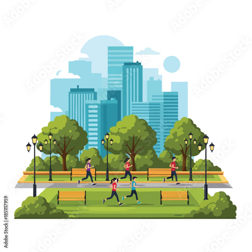 People jogging in a park with benches, street lamps, trees, and city skyline