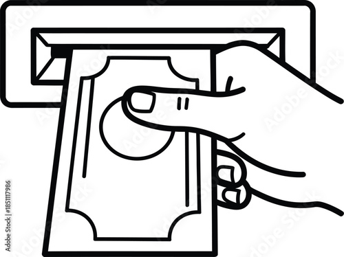Hand withdrawing money from an atm machine or cash dispenser slot line art icon