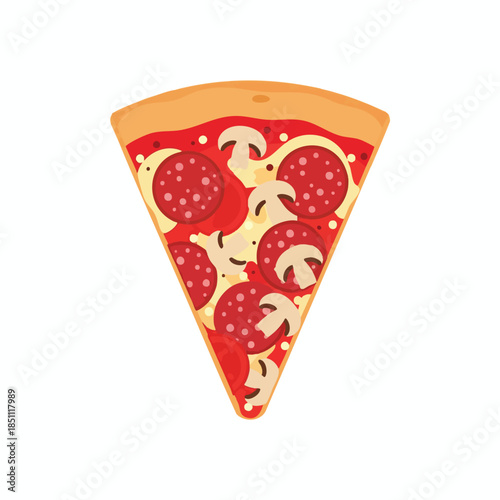 A triangular pizza slice with pepperoni and mushroom toppings on a white background