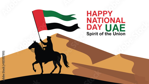 A proud silhouette of a man riding a horse holding the United Arab Emirates flag over desert dunes