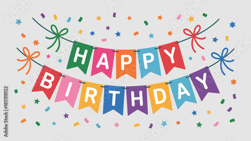 A vibrant happy birthday banner with colorful pennants and festive confetti against a light background