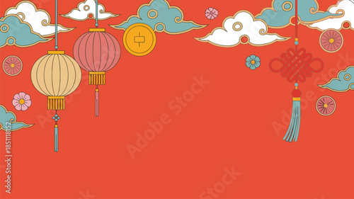 A vibrant red background features traditional Chinese lanterns, lucky coin, and stylized clouds