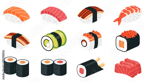 Assorted Sushi Plate with Nigiri and Rolls for Japanese Cuisine Presentation