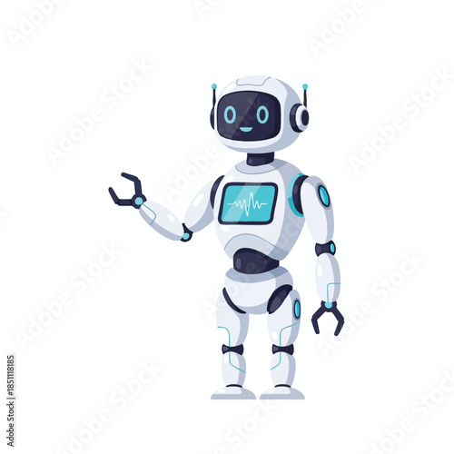 A friendly white robot with a digital interface, antenna, and claw hands poses