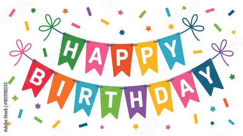 An upbeat illustration showing a Happy Birthday garland with a variety of colorful flags and whimsical confetti on white