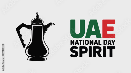 Black Dallah coffee pot silhouette alongside bold UAE National Day Spirit typography on a clean background